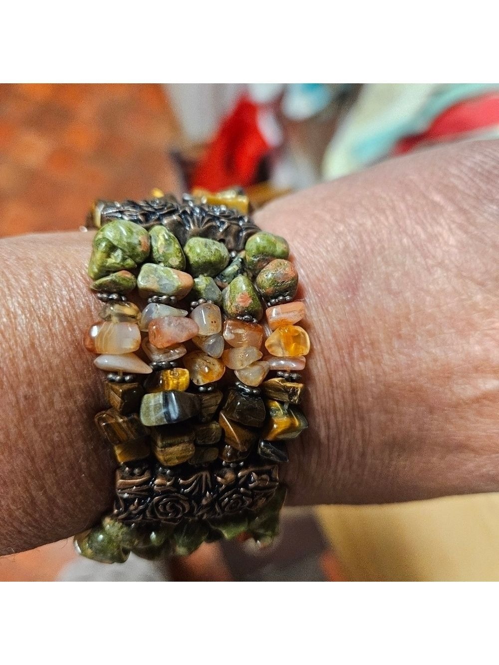 Vintage Unakite and Natural Crystal Stone Stretch Power Bracelet